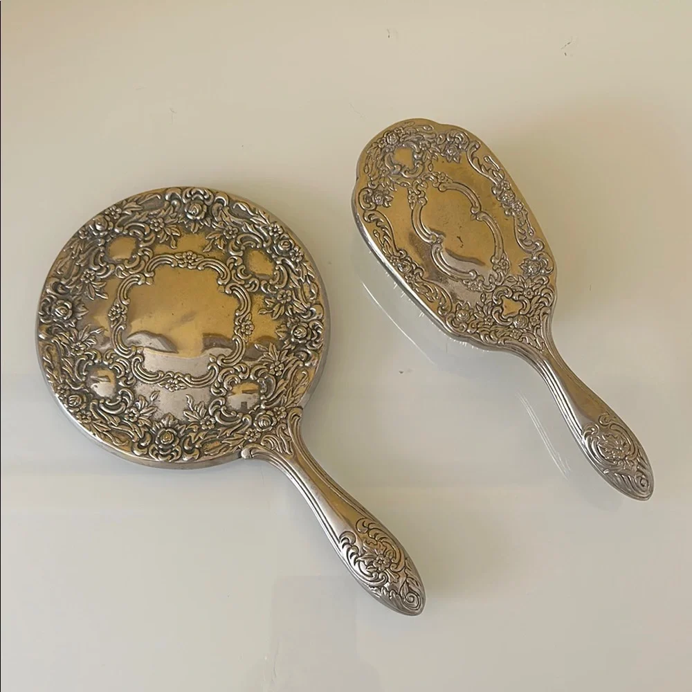 Vanity Hand Held Mirror and Brush Set Ornate Victorian Silverplate